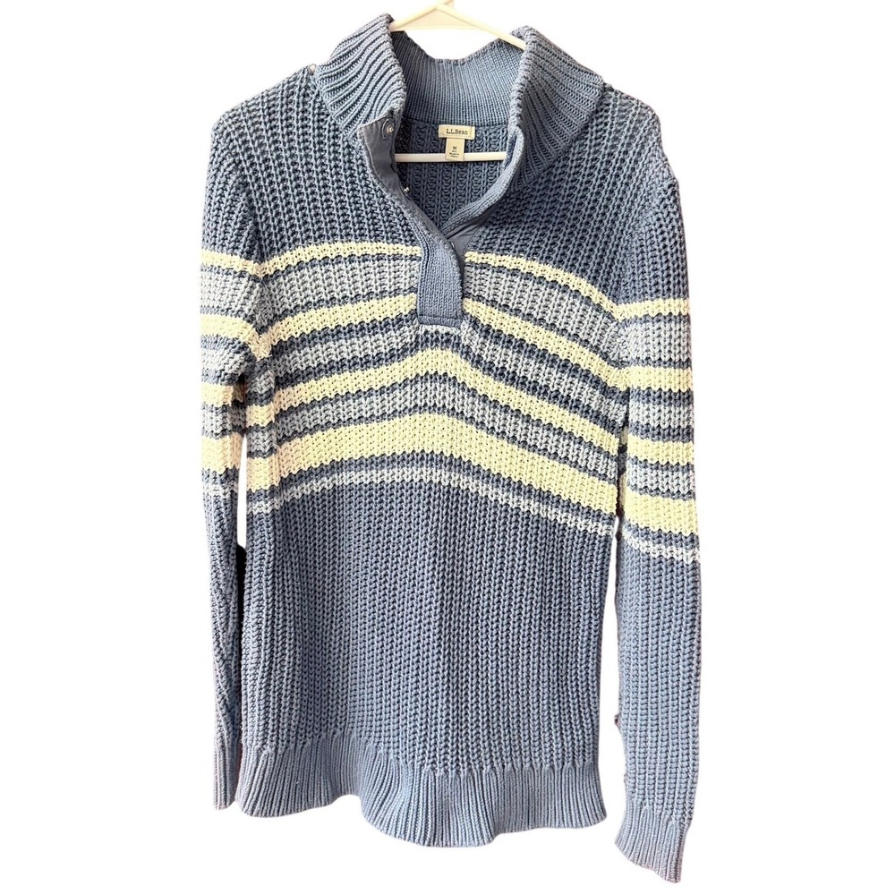 LL Bean Sweater Mens Medium Blue Striped 100% Cotton Shaker Stitch Mock Neck